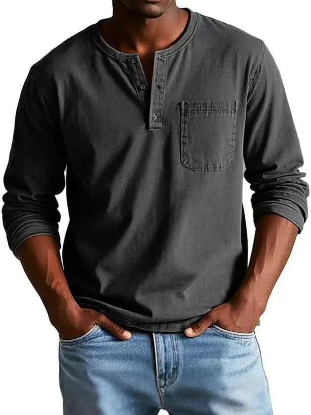 Men's V-neck Long-sleeved Pullover Top with Button Design
