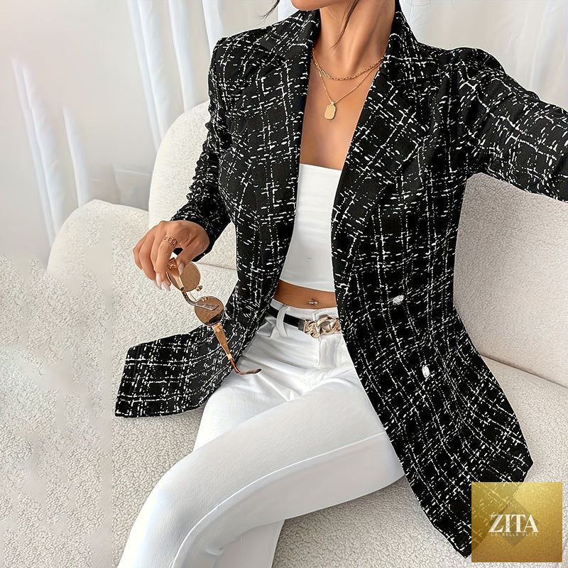 Women’s plaid double-breasted blazer by FitiqueFit featuring a tailored fit and classic plaid pattern, shown on a model.