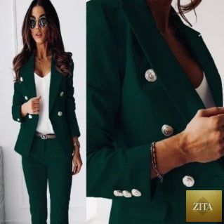 FitiqueFit double-breasted blazer and zip-up trousers two-piece suit, stylish formal wear with lapel blazer and tailored pants.