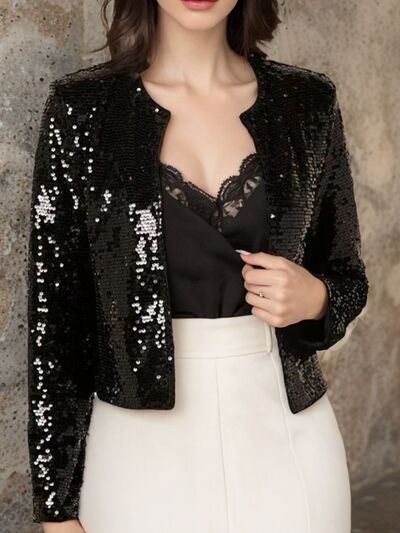 Stevvex women's full-size sequin open front cropped jacket with glamorous sparkle, perfect for parties and special occasions.