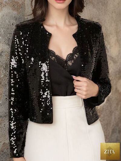 Zita La Belle Elite women's full-size sequin cropped jacket with open front and glamorous sparkle for parties