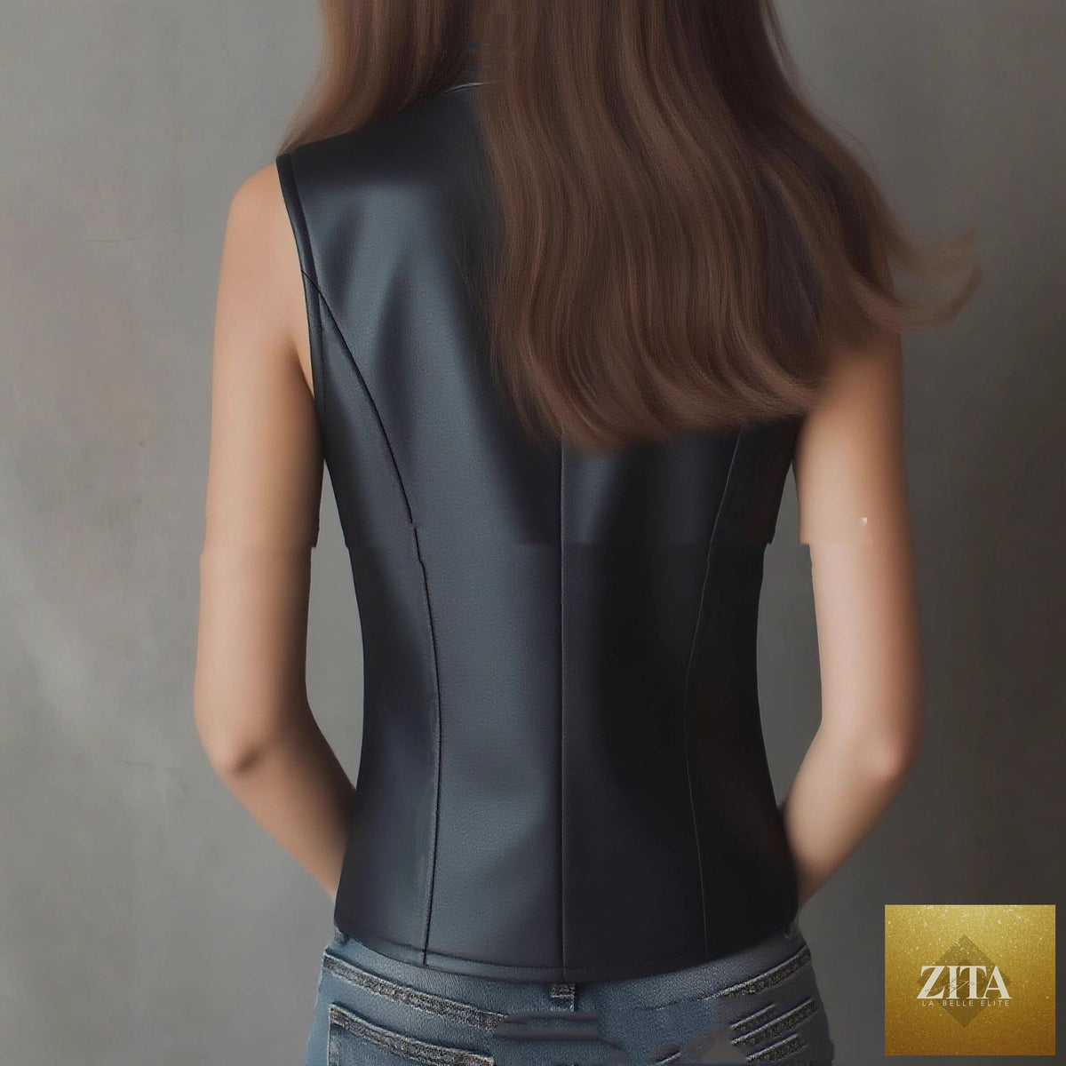 Women’s black stand collar backless slim fit crop top by Zita La Belle Elite, casualwear, showcasing front view with fitted style.