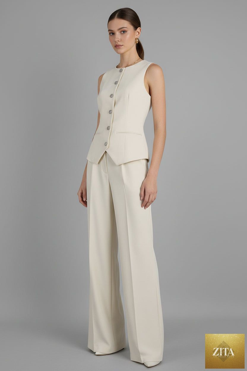 Women's casual sleeveless vest and wide-leg pants set by Zita La Belle Elite, featuring an elegant office-ready 2-piece outfit.