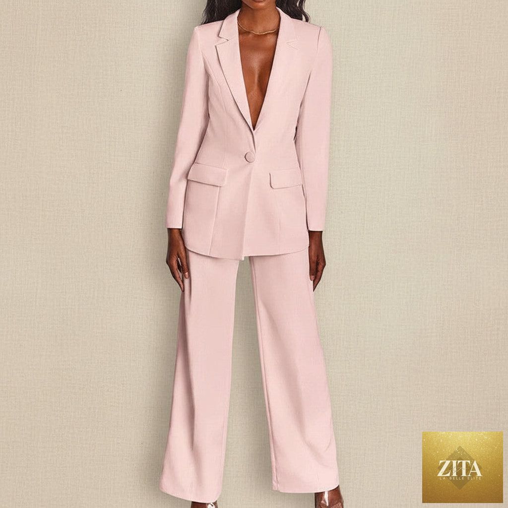 FitiqueFit two-piece blazer and straight-leg trousers suit, featuring a stylish lapel button-down blazer and matching tailored trousers.