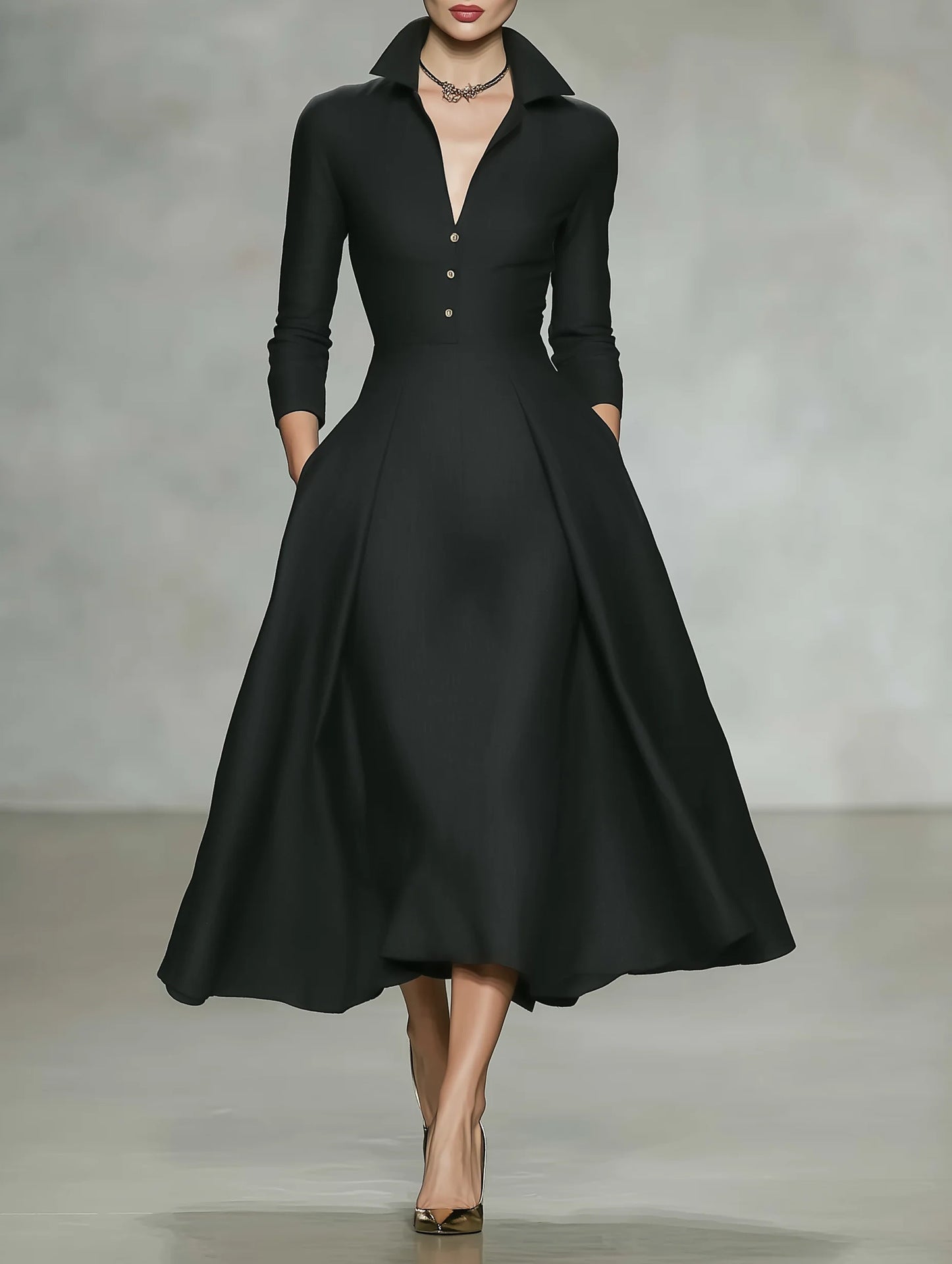 V-Neck waist-cinching long sleeve midi dress by FitiqueFit, featuring a fitted silhouette and elegant design.