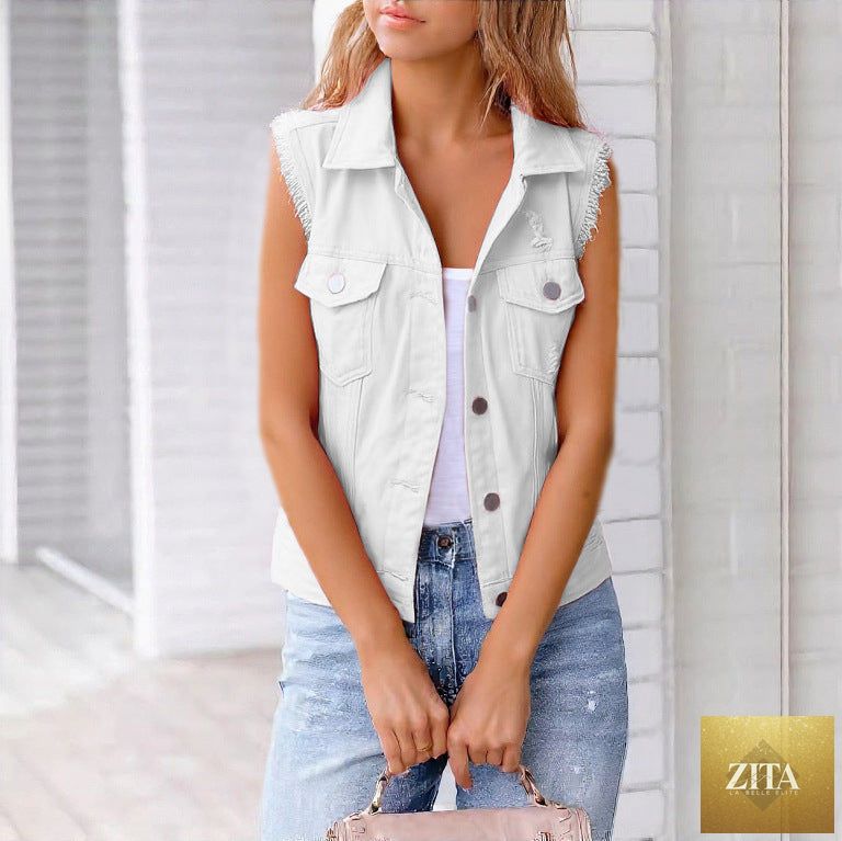 Women's colorful denim-style vest jacket by Zita La Belle Elite, casual spring and summer wear, shown on a model.