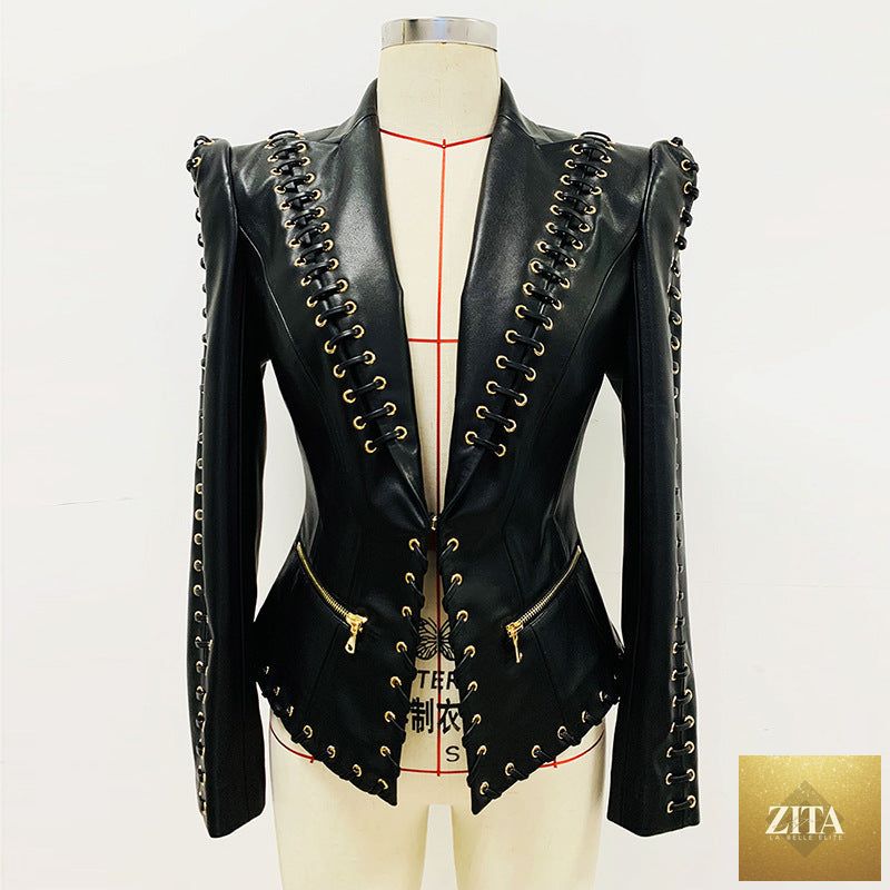 Fashion heavy industry leather coat with eyelet rope details, slim-fit design, and tailored suit jacket style in black leather.