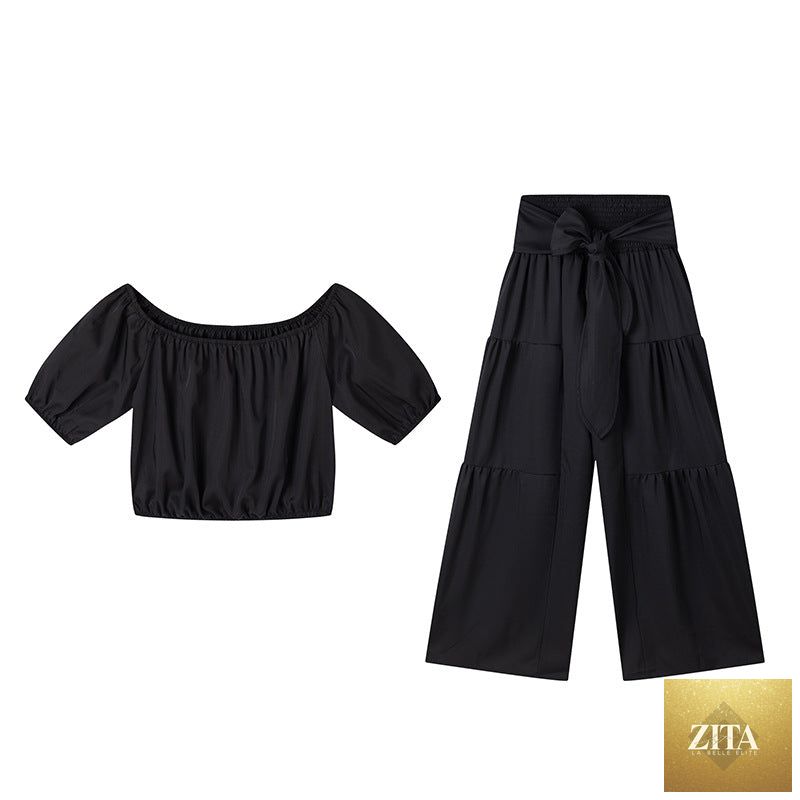 Zita La Belle Elite high-waist flared pants and matching top two-piece casualwear set in multiple colors, size S to 2XL.