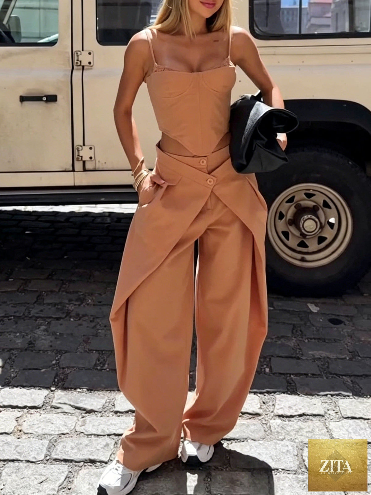 Zita La Belle Elite casualwear set with camel spaghetti strap corset top and wide-leg pants, XS to 2XL size.