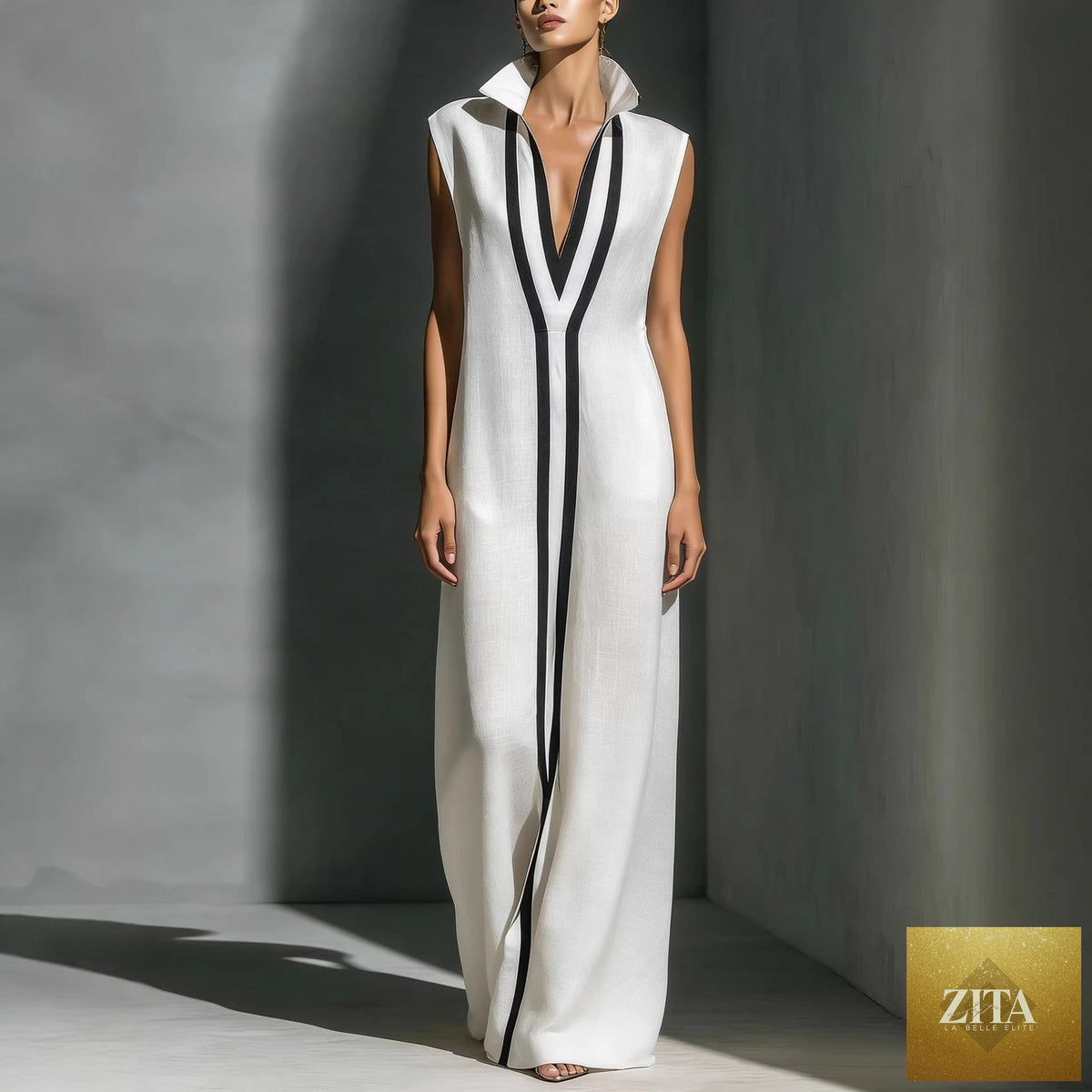 Women's V-neck color-block sleeveless A-line maxi dress by Zita La Belle Elite in six color options, available in XS to 2XL.