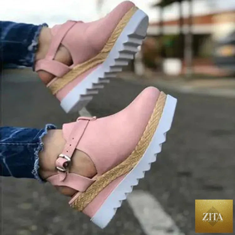 Wedge heel platform women's shoes in neutral color with ankle strap, stylish and comfortable footwear from Trendy Attic Store01.