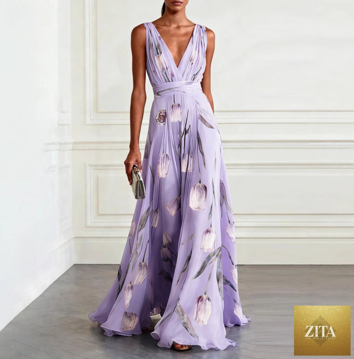 Women's tulip print sleeveless A-line maxi dress by FitiqueFit, featuring deep V-neck and available in six colors.