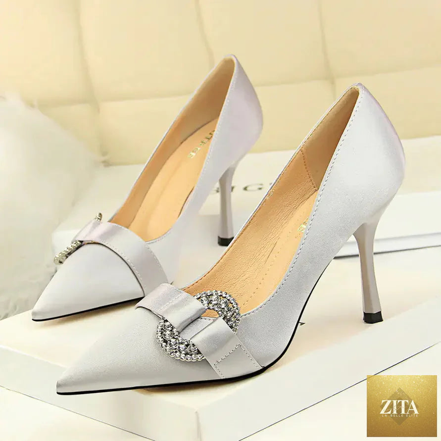 Elegant satin pointed toe high heel shoes for women with rhinestone buckle by Trendy Attic Store01.