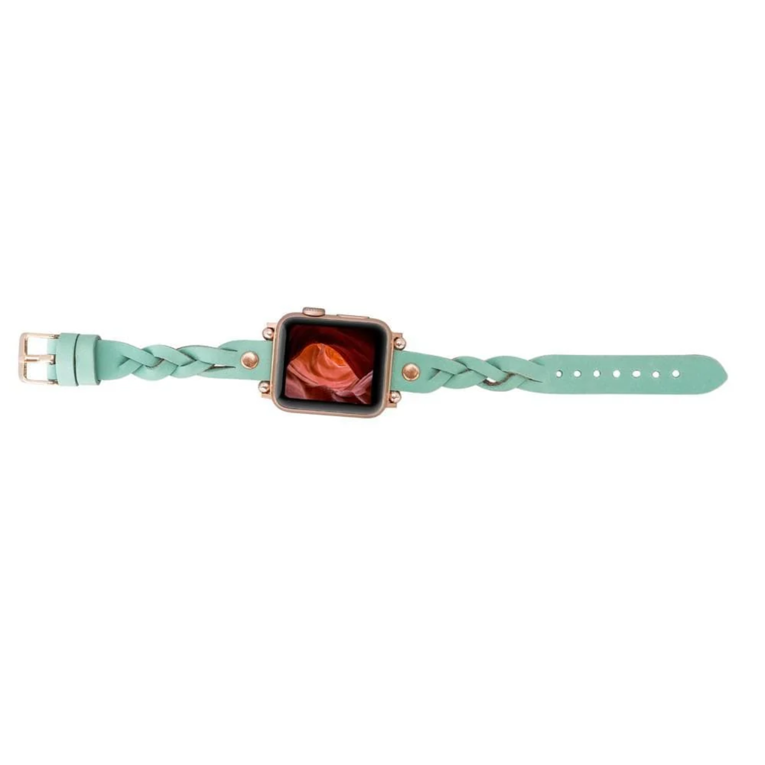 Leather Apple Watch band in mint green with braided design by LEATHERE, showing the textured leather strap and buckle attachment.