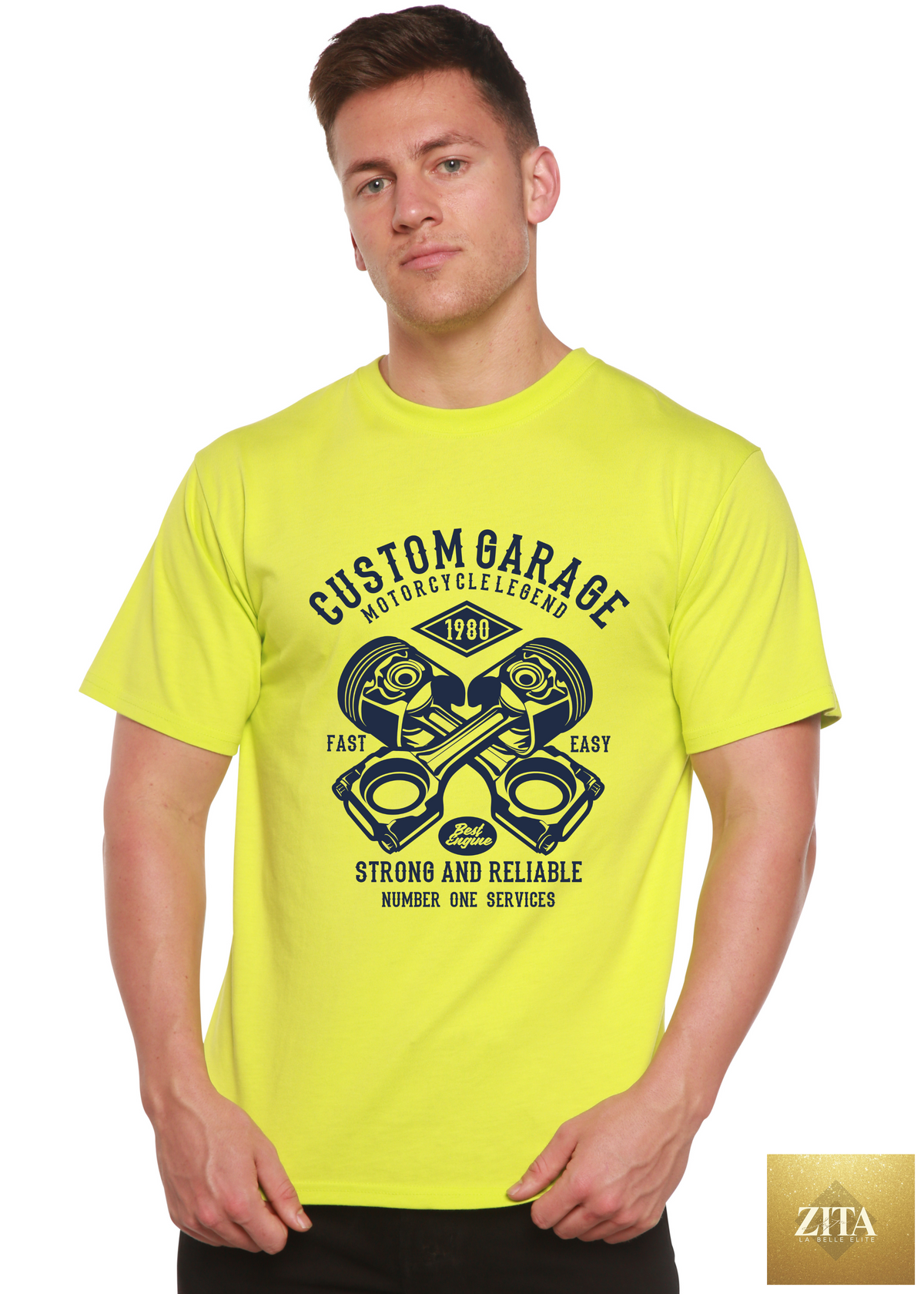 Custom Garage men's graphic T-shirt by Spun Bamboo, made from bamboo viscose and organic cotton, with short sleeves and a stylish design.