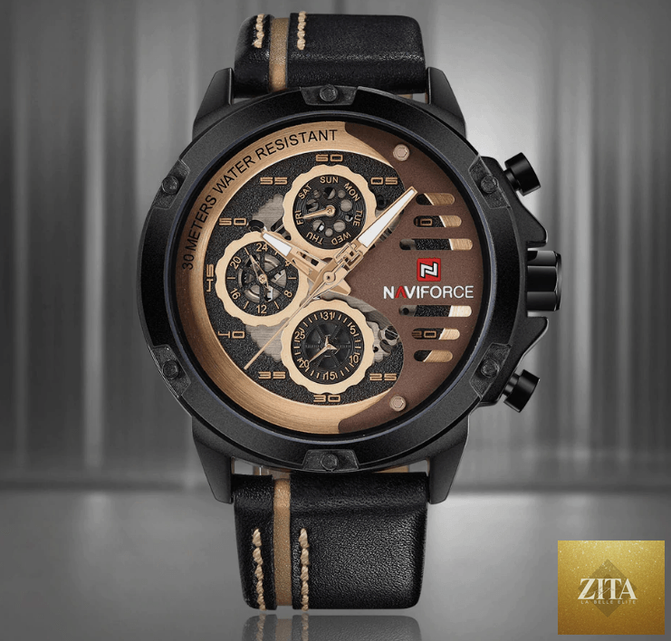 Men's Stevvex waterproof sports watch with chronometers, leather belt, multifunction dial, and unique design.