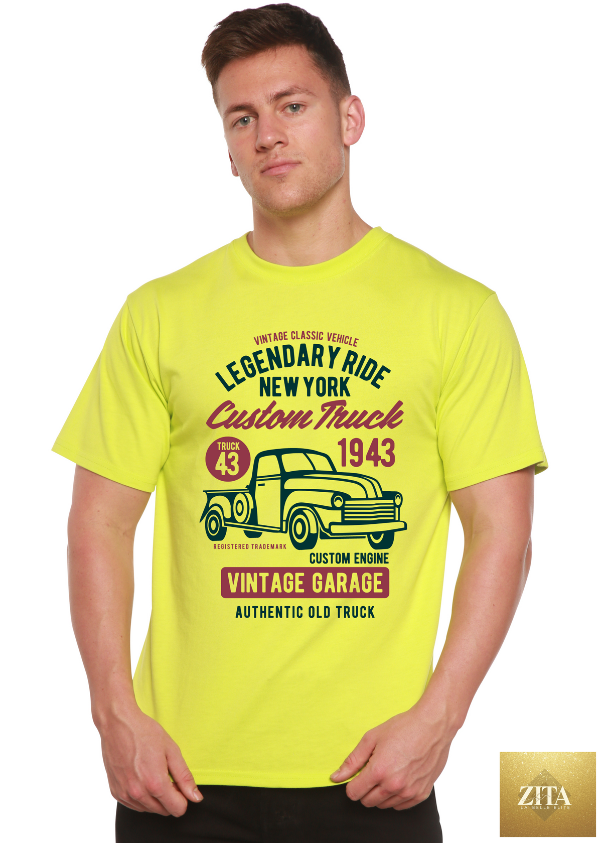 Spun Bamboo Legendary Ride Custom Truck men's graphic T-shirt with short sleeves in bamboo viscose and organic cotton fabric.