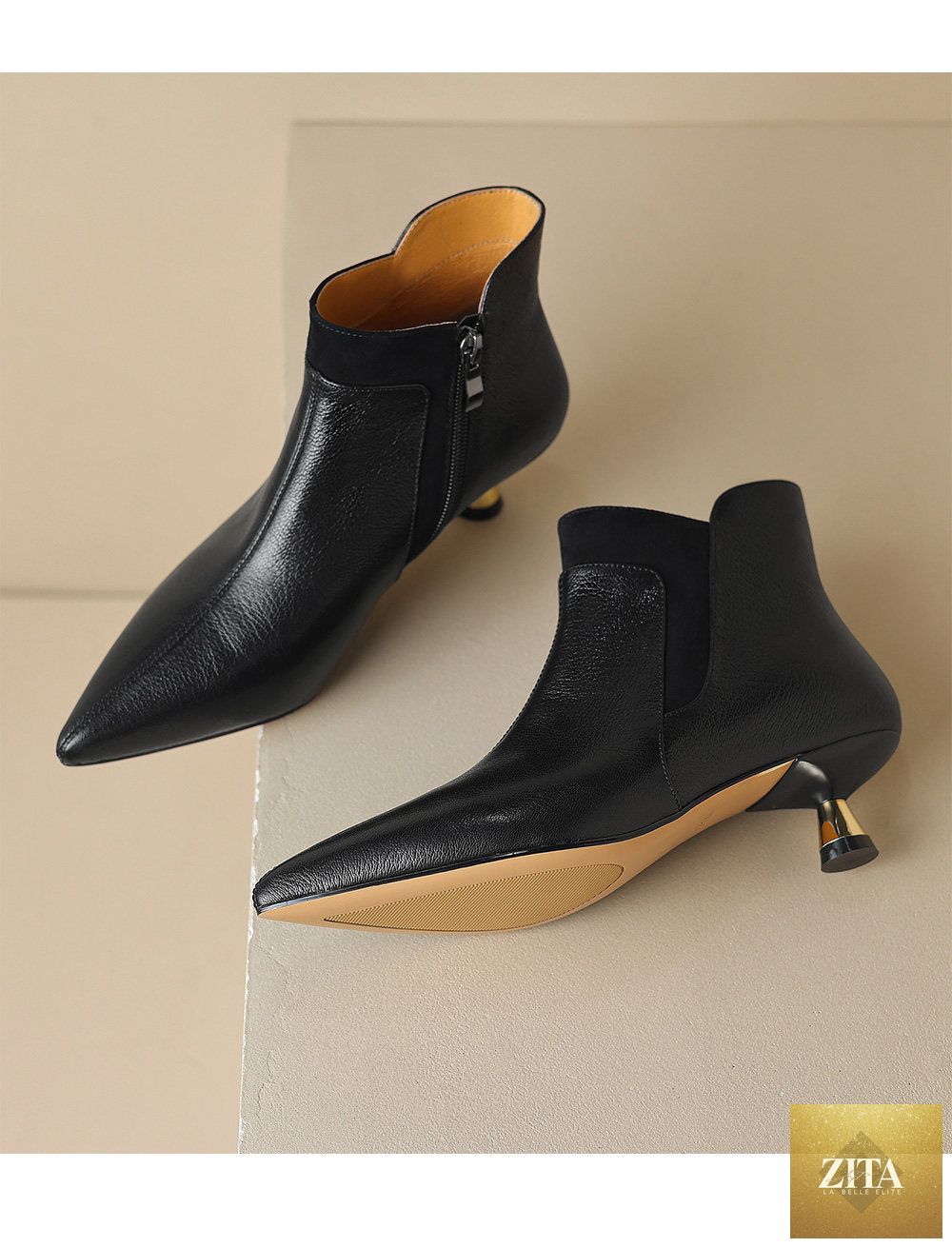 Women's genuine leather kitten heel ankle boots with pointed toe and side zipper by FitiqueFit