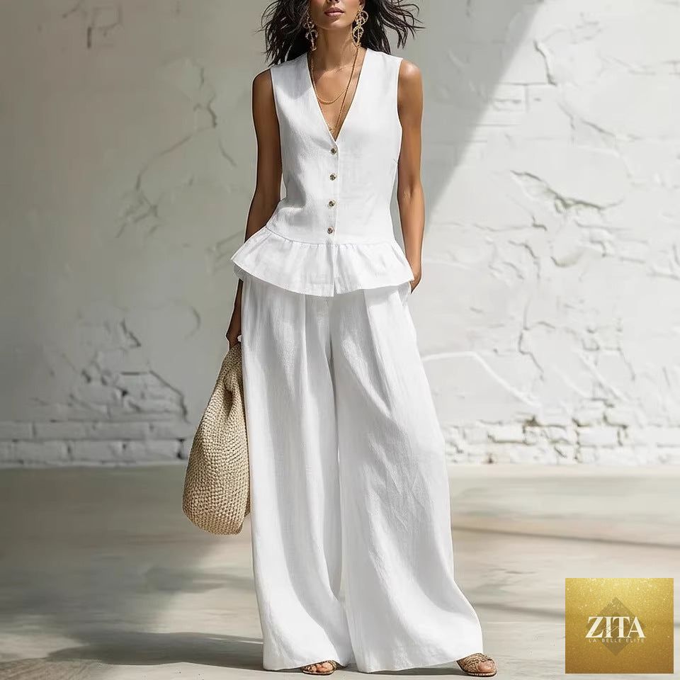 Women's bohemian ruffled sleeveless tank and pants casualwear set by Zita La Belle Elite, featuring flowing fabric and relaxed fit.