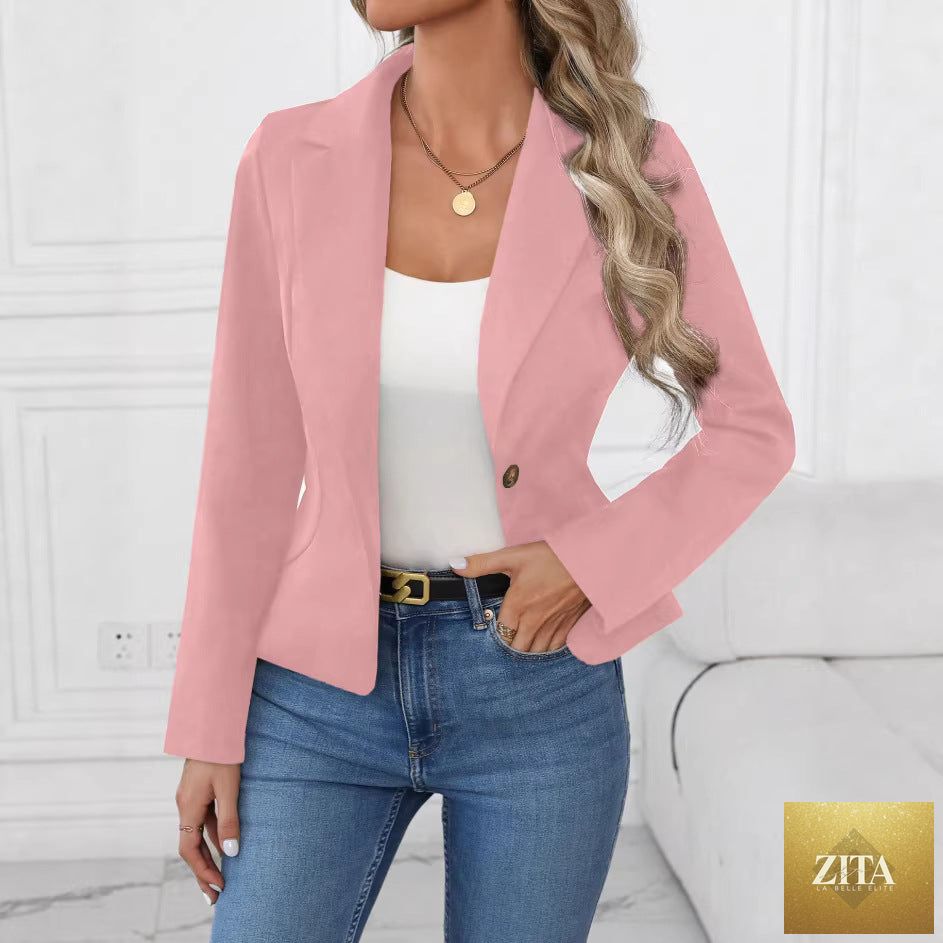 Women's slim fit solid color blazer by FitiqueFit, French style long sleeve jacket, tailored coat for a sleek, polished look.