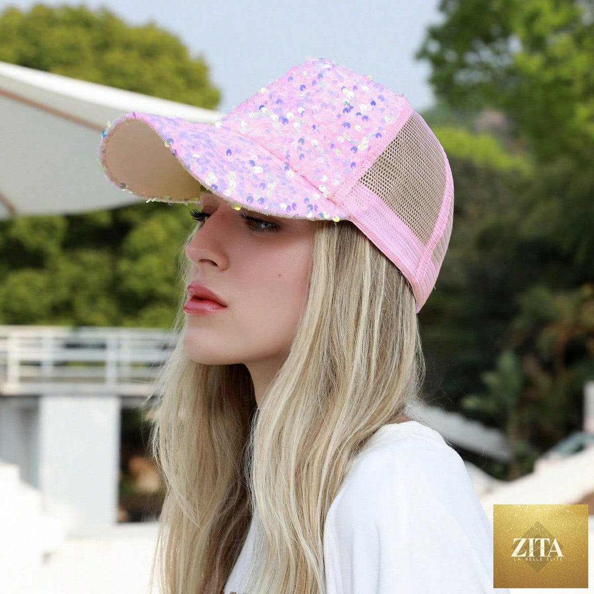Sequin-embroidered mesh baseball cap with sunshade, breathable trendy hat by Zita La Belle Elite, featuring sparkling embellishments.