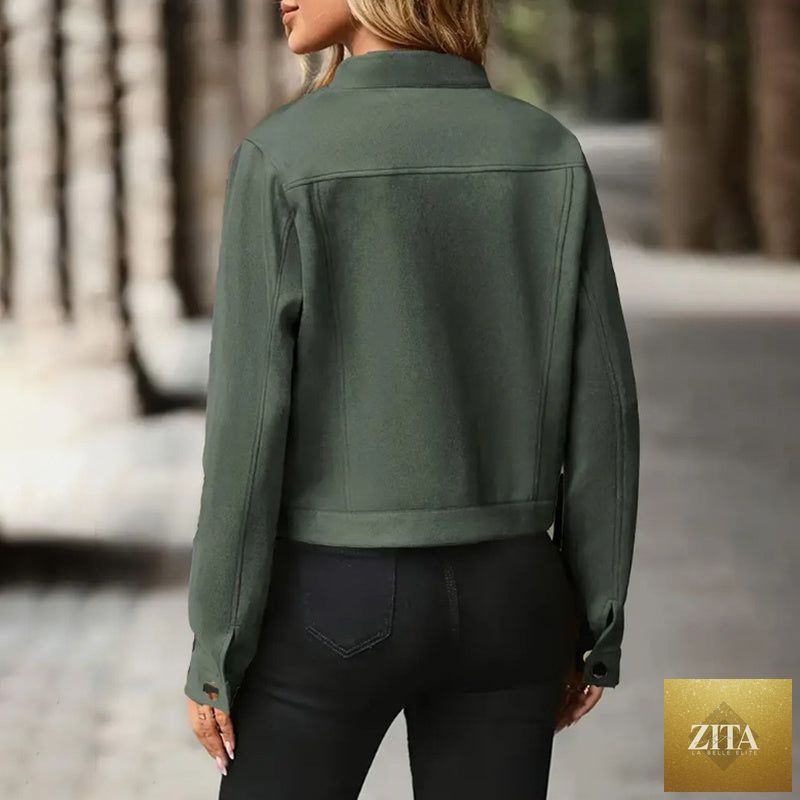 Faux suede cropped jacket with stand collar from FitiqueFit, vintage short fall coat shown on a model, stylish outerwear for fall.