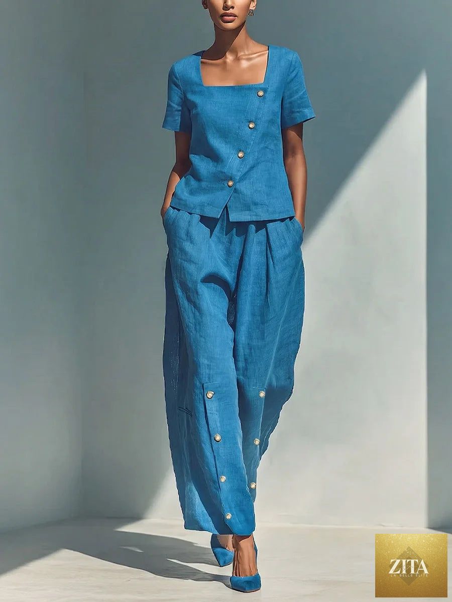 Plus size women's casual wear set featuring loose short-sleeve top and high-waist pants by Zita La Belle Elite, shown together.
