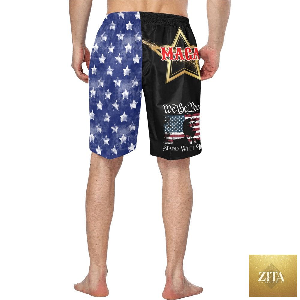We the People Trump MAGA summer beach shorts by Baha Ranch Western Wear featuring patriotic design and comfortable swim trunk style.