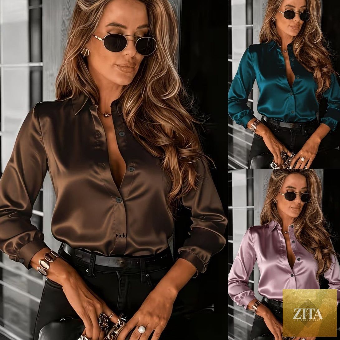Women's satin lapel shirt with long sleeves, casualwear by Zita La Belle Elite, featuring a drapey fit and elegant design.