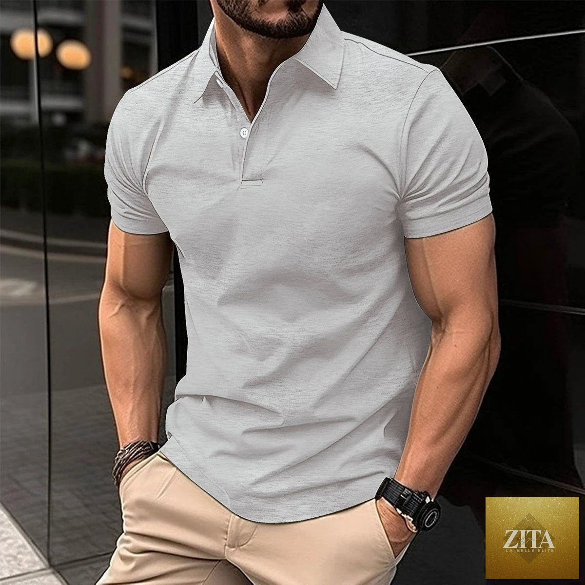 Mandotos men's summer short sleeve polo shirt in solid color with button lapel and classic fit, displayed on a plain background.