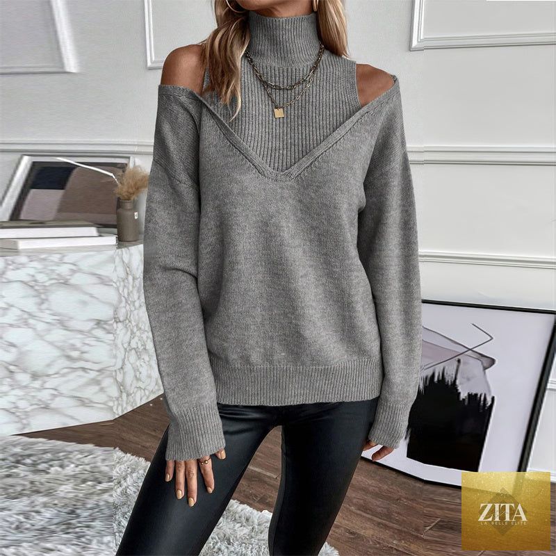 Women’s elegant off-shoulder turtleneck sweater by FitiqueFit, long sleeve knit casualwear top in a stylish, cozy design.