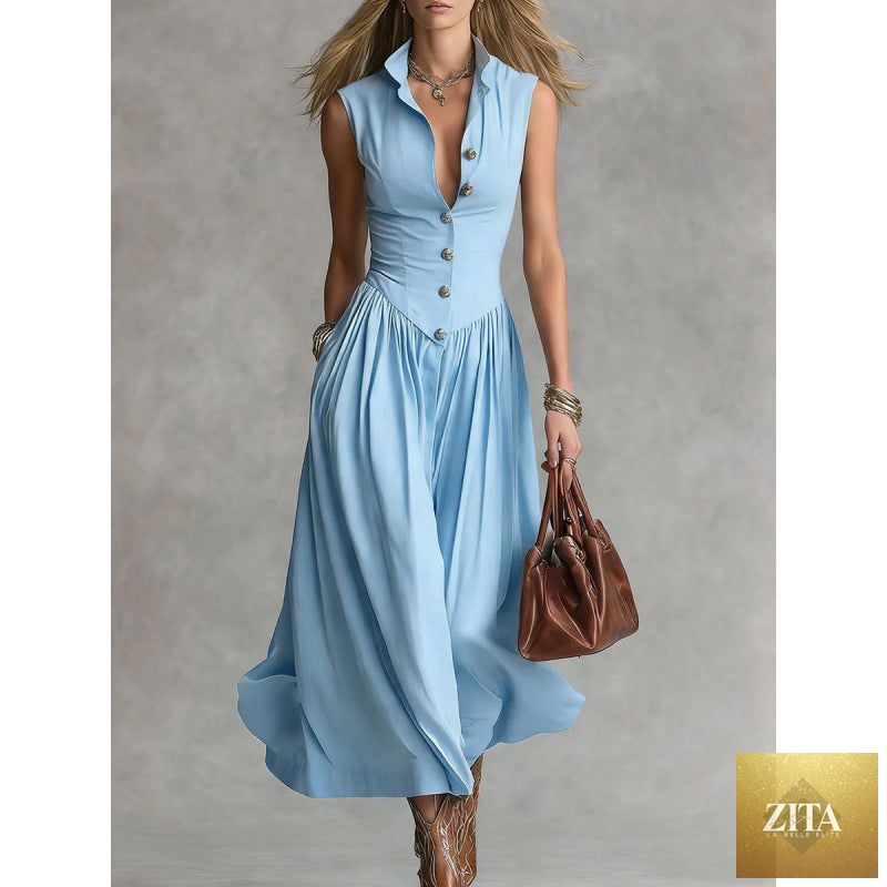 Women's sleeveless lapel collar maxi dress by Zita La Belle Elite featuring slim fit patchwork casualwear.