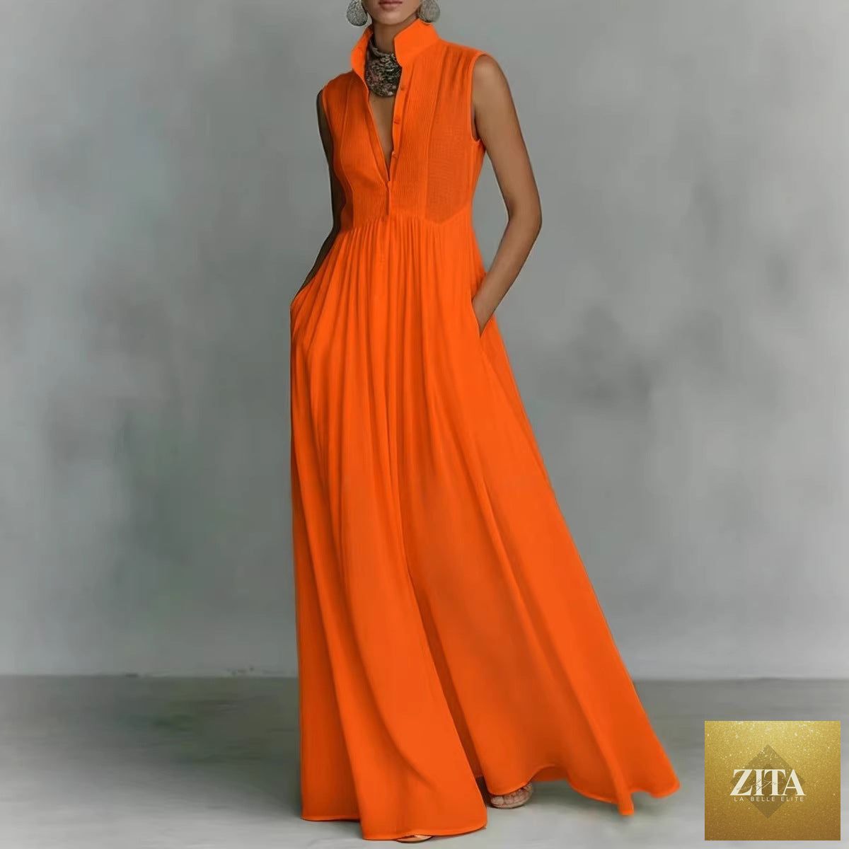 Women's French-style high-waist midi dress with ribbon tie, casualwear, featuring a fitted bodice and flowing skirt.
