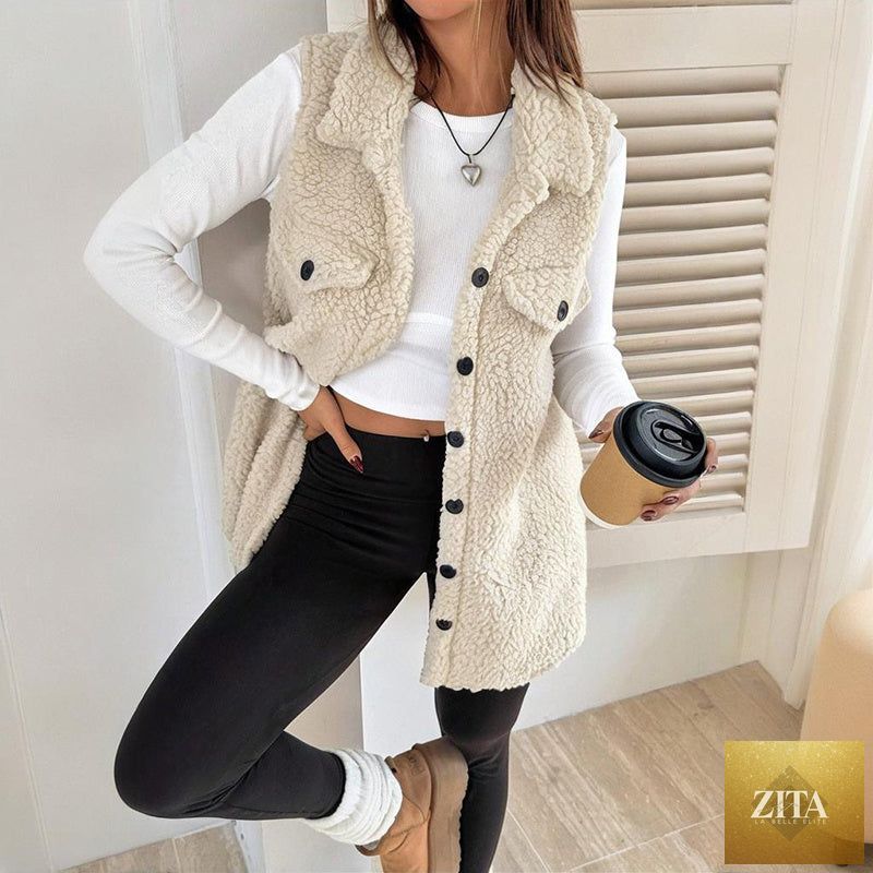 Wool-like sleeveless vest with lapel from FitiqueFit, featuring a tailored fit and neutral color, ideal for layered looks.