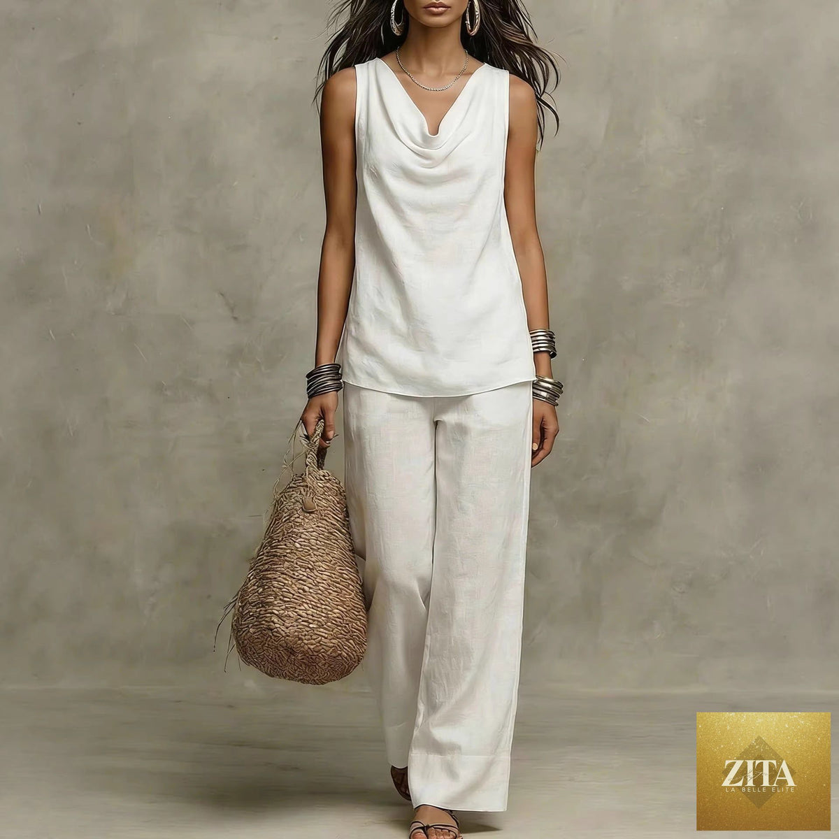 Zita La Belle Elite women's casualwear set featuring a sleeveless slash-neck tank top and relaxed casual pants.