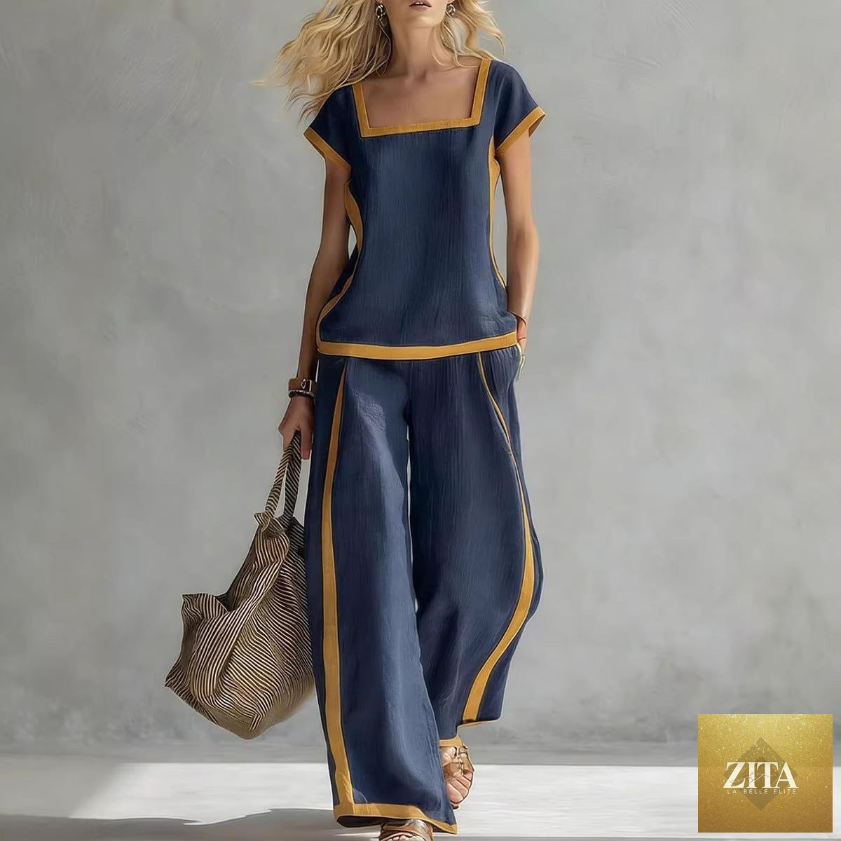 Zita La Belle Elite square-neck three-quarter sleeve loose top and matching pants two-piece set, in soft fabric, styled for casual wear.