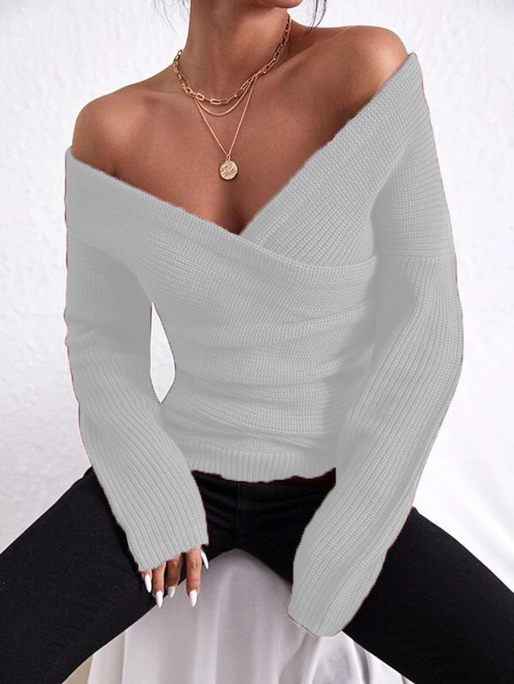 Women's off-shoulder crossover knit sweater by FitiqueFit, slim fit long sleeve casualwear in soft, cozy fabric.