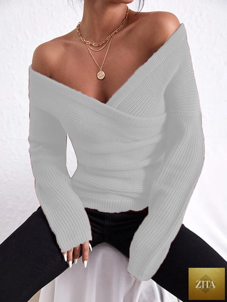 Zita La Belle Elite women's off-shoulder crossover knit sweater with long sleeves, slim fit casualwear in a cozy knit fabric.