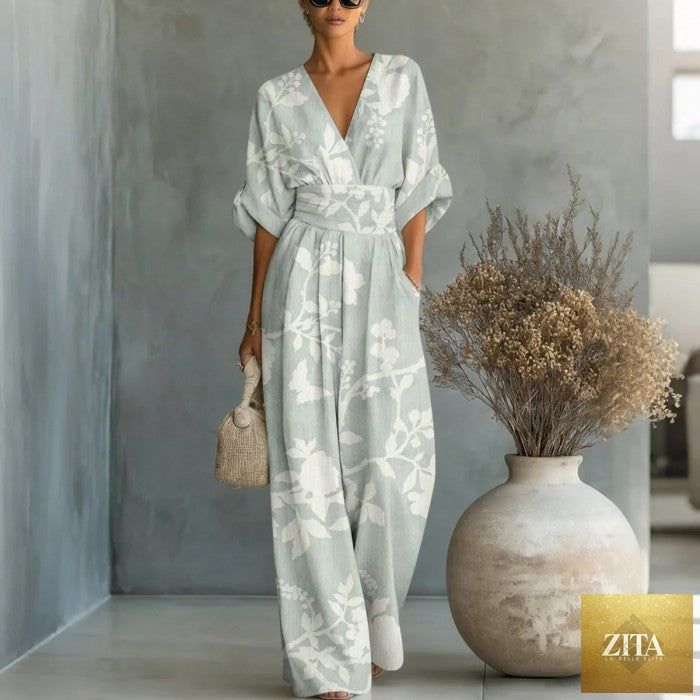 Women's waist-cinched V-neck printed wide-leg jumpsuit by Zita La Belle Elite, casualwear with a stylish, relaxed fit.