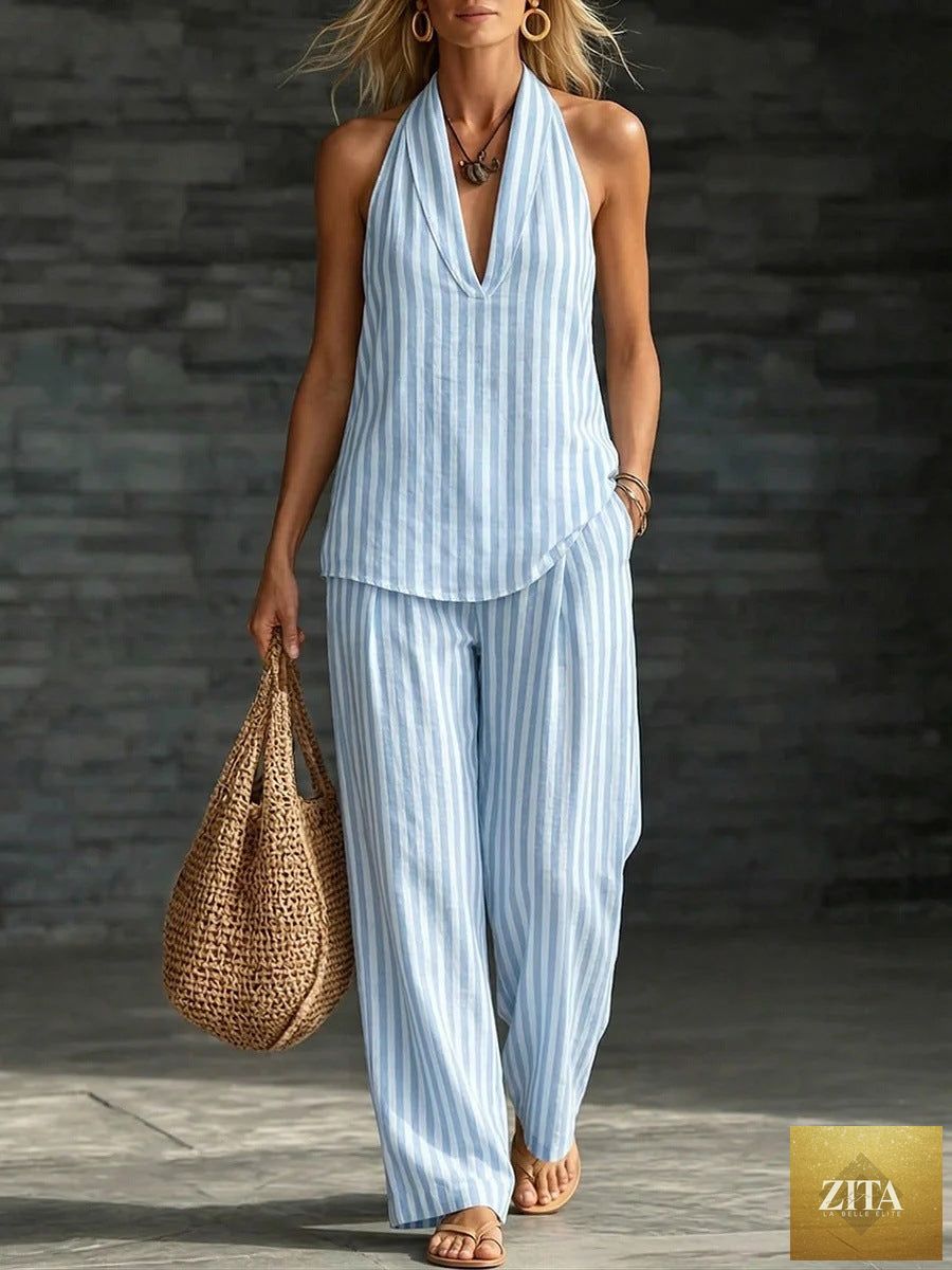 Zita La Belle Elite women's striped sleeveless top and wide-leg pants casualwear set on a model, stylish and comfortable outfit.