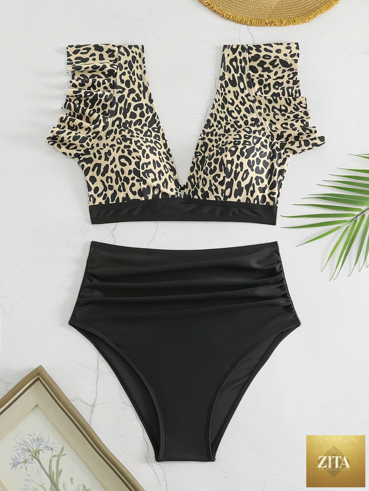 Black solid color bikini set with ruffle V-neck top and high-waisted lettuce trim bottoms, featuring sleek stretchy swimwear fabric.