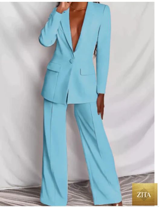 FitiqueFit women's professional blazer and trousers suit set with long sleeves, full-length, tailored for a polished office look.