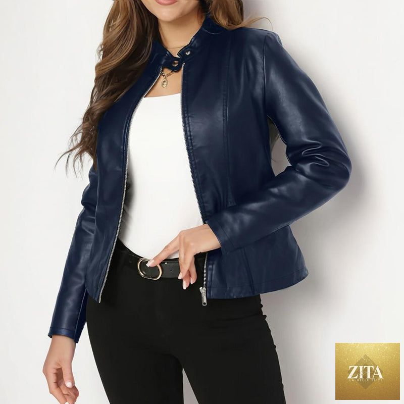 Women's solid color long sleeve faux leather blazer with stand collar, casualwear by FitiqueFit, shown in black.