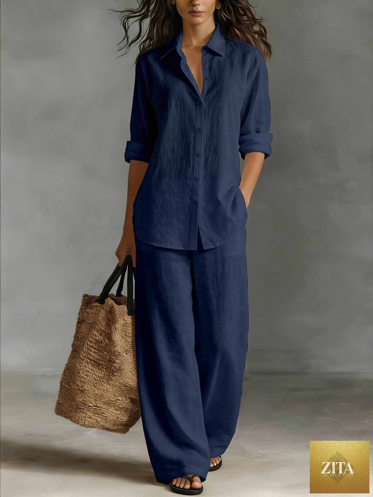 Women's Bohemian cotton-linen top and pants set by Zita La Belle Elite, casual resort lounge co-ord, relaxed and stylish.