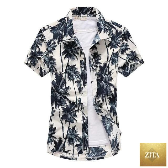 Mandotos short-sleeved Aloha shirt for men, featuring vibrant floral pattern and casual fit, displayed on a hanger.