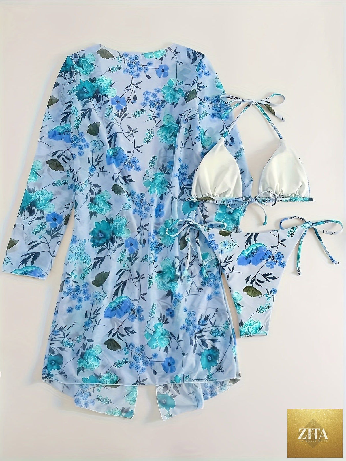 European style floral print 3-piece bikini set with V-neck, cross straps, and matching long sleeve cover-up for women by Stevvex.