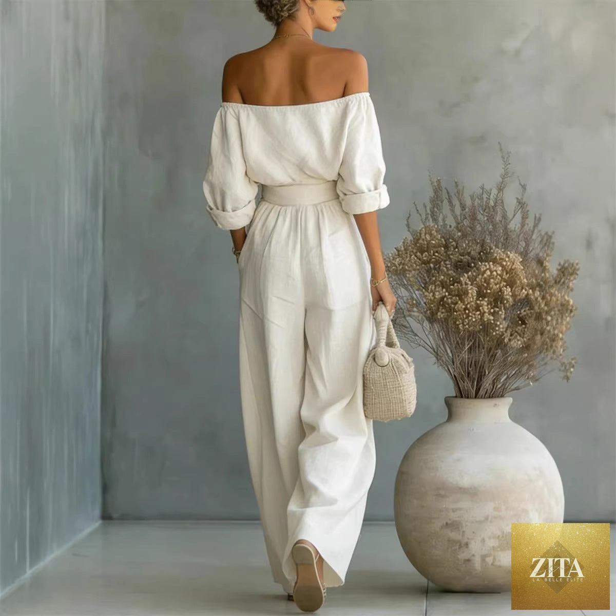 Zita La Belle Elite women's casual two-piece set with off-shoulder long-sleeve top and wide-leg pants in soft fabric.