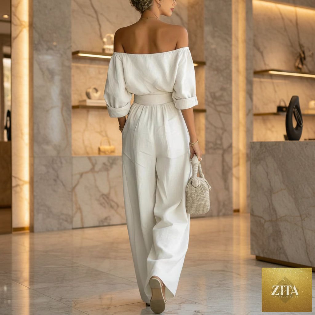 Women's Off-Shoulder Puff Sleeve Blouson Top & High-Rise Wide-Leg Pants Cotton-Linen Set
