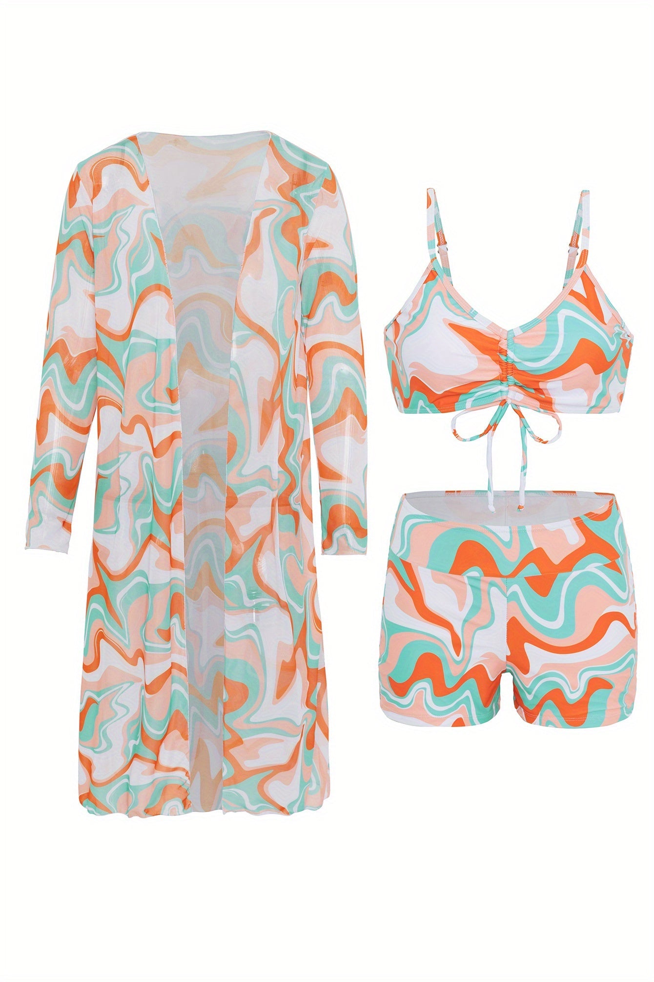 Stevvex Luxe Lines 3-piece geometric bikini set with high-rise drawstring bottoms, boxer shorts, and sheer long sleeve kimono cover-up.