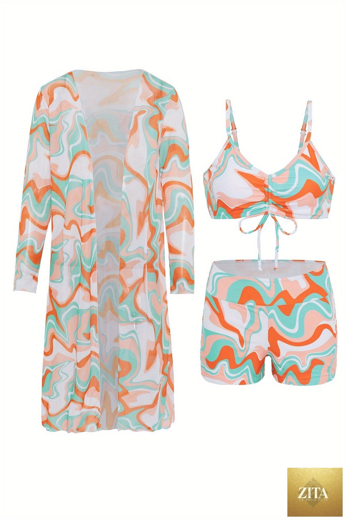 Stevvex Luxe Lines 3-piece geometric bikini set for women with high-rise drawstring bottoms, boxer shorts, and sheer kimono cover-up.